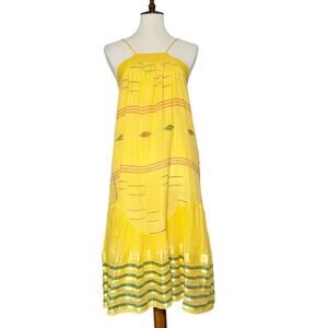 Kopal Women's Yellow Boho Striped Tiered‎ Midi Dress Size Medium